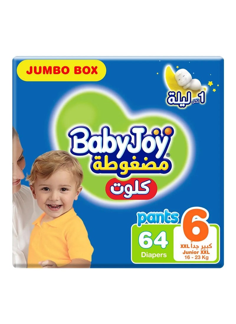 Baby Joy BabyJoy Compressed Culotte Pant Style Diapers, 64 Pieces Jumbo Box, Size 6, 16-23Kg - Leak Protection, Navel Cut Design, Breathable Material 