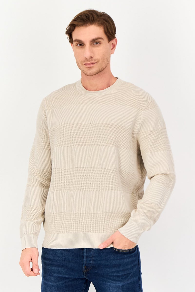 Celio Men Crew Neck Textured Long Sleeve Sweater, Cream - Image 1