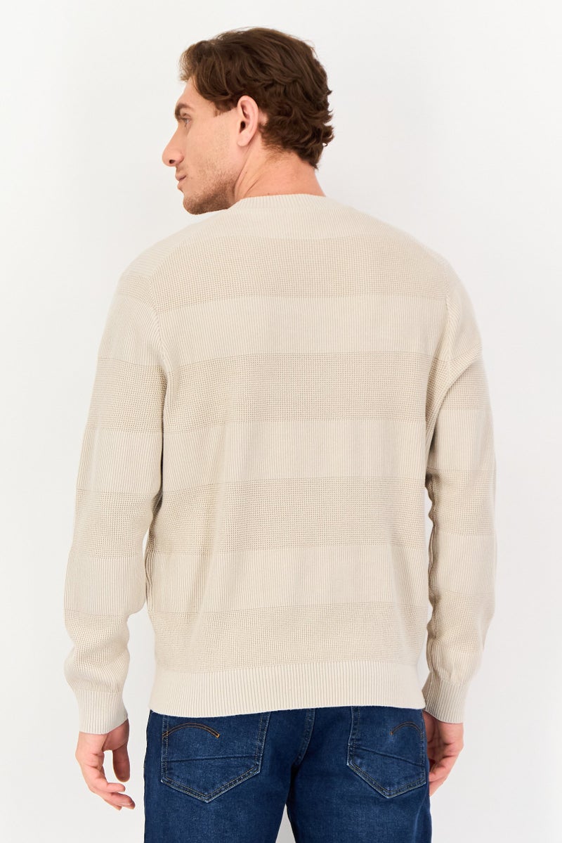 Celio Men Crew Neck Textured Long Sleeve Sweater, Cream - Image 4