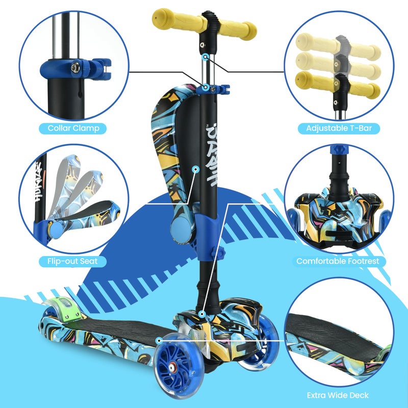 Hurtle ScootKid 3 Wheel Toddler Child Mini Ride On Toy Tricycle Scooter with Adjustable Handlebar, Foldable Seat, and Colorful LED Light Up Smooth Rolling Wheels, Graffiti - Image 3
