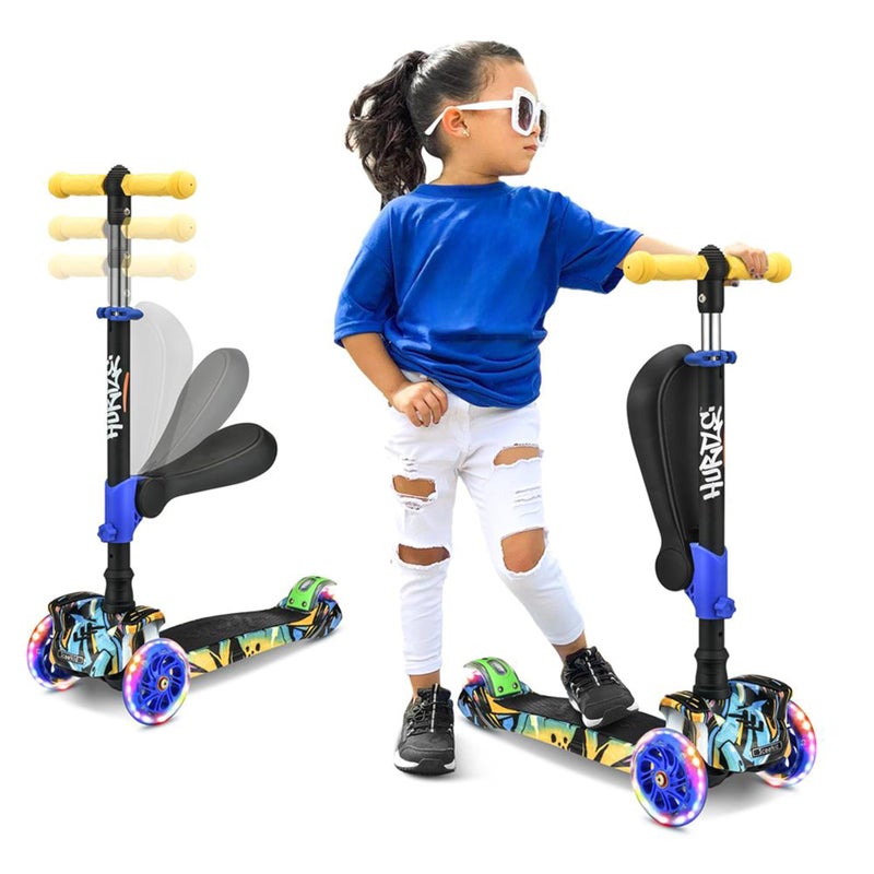 Hurtle ScootKid 3 Wheel Toddler Child Mini Ride On Toy Tricycle Scooter with Adjustable Handlebar, Foldable Seat, and Colorful LED Light Up Smooth Rolling Wheels, Graffiti - Image 1
