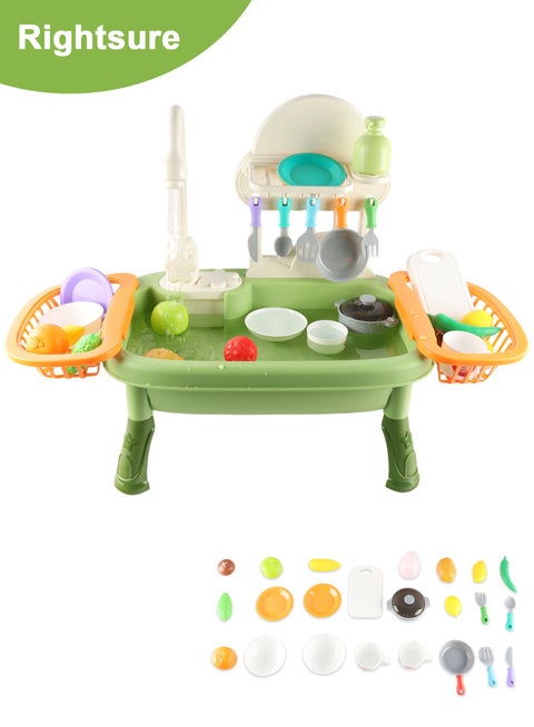 لعبة حوض المطبخ للأطفال مع مياه جارية 34 قطعة لعبة غسالة الأطباق الكهربائية لعبة المطبخ مع نظام دوران المياه التلقائي للأطفال الأولاد والبنات والأطفال الصغار (أخضر)