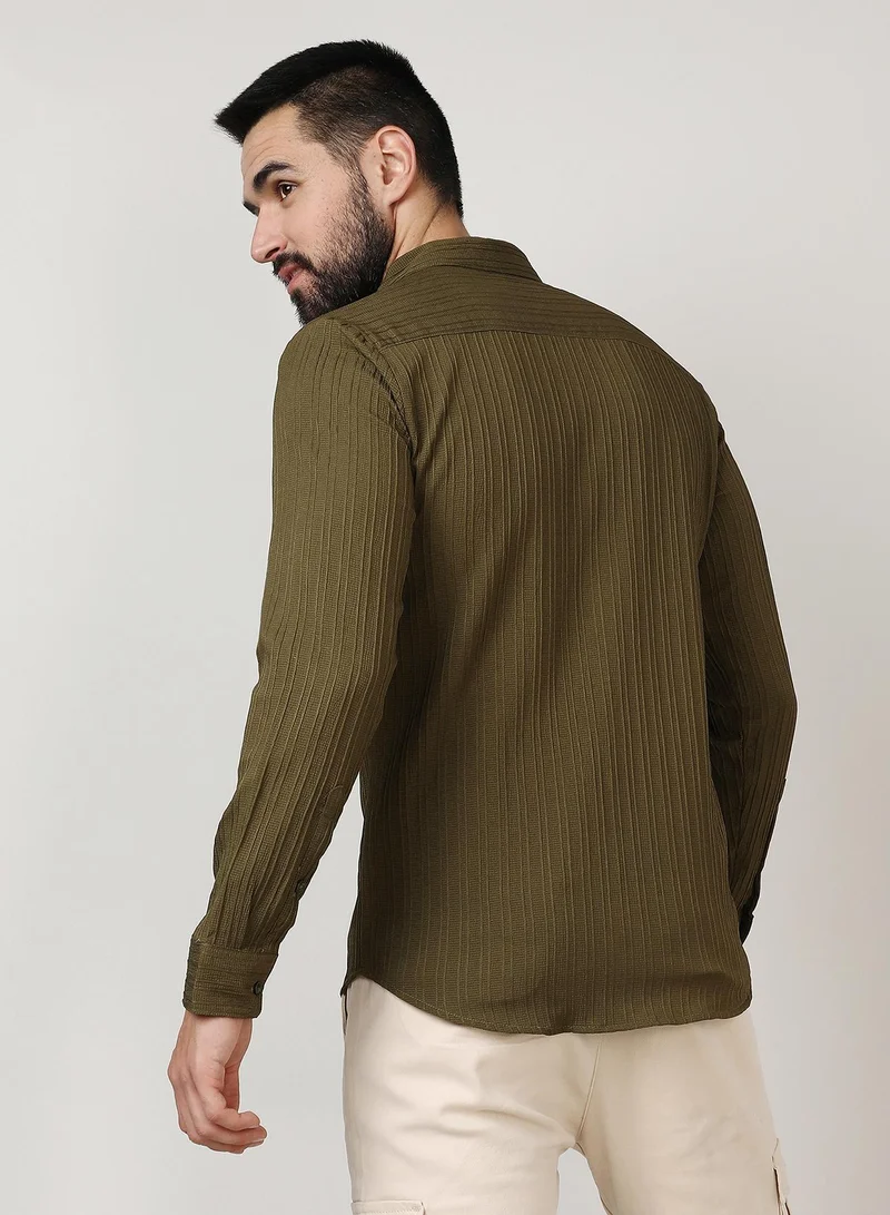 Campus Sutra Men's Olive Green Self-Design Striped Shirt