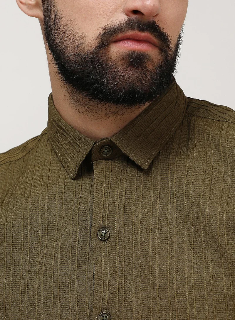 Campus Sutra Men's Olive Green Self-Design Striped Shirt