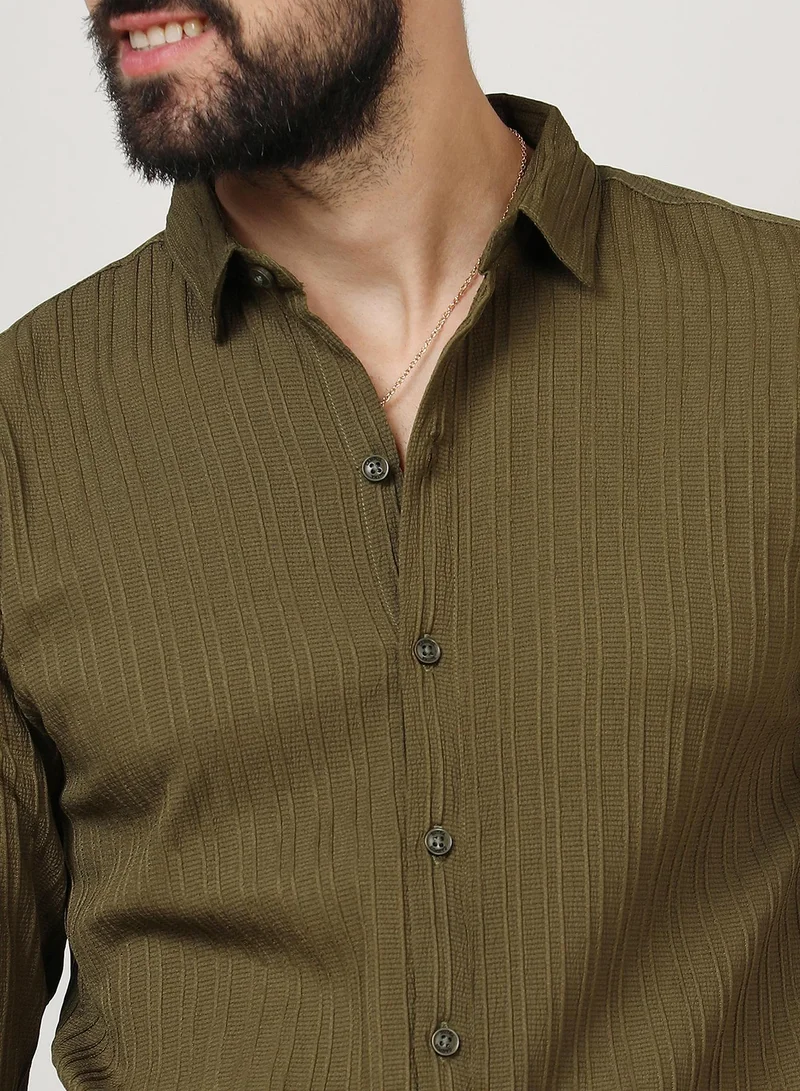 Campus Sutra Men's Olive Green Self-Design Striped Shirt