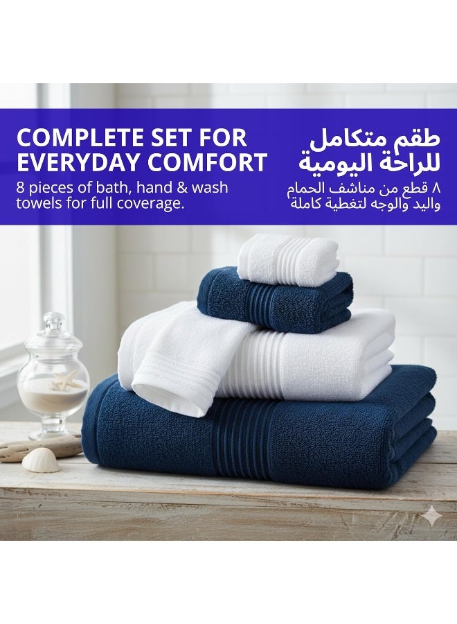 Home Dwell Premium Bath Towels Set - Set of 8 - 100% Cotton Highly Absorbent 2 Bath Towels, 2 Hand Towels and 4 Washcloths - Hotel & Spa Quality Bath Towels - Venice Blue and White - Image 3