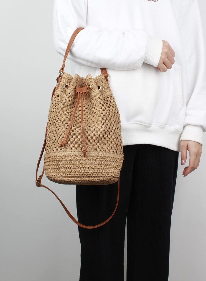 Lobagve Van Caro Straw Shoulder Bag Handwoven Drawstring Bucket Bag Beach Bag for Women Light Coffee - Image 2