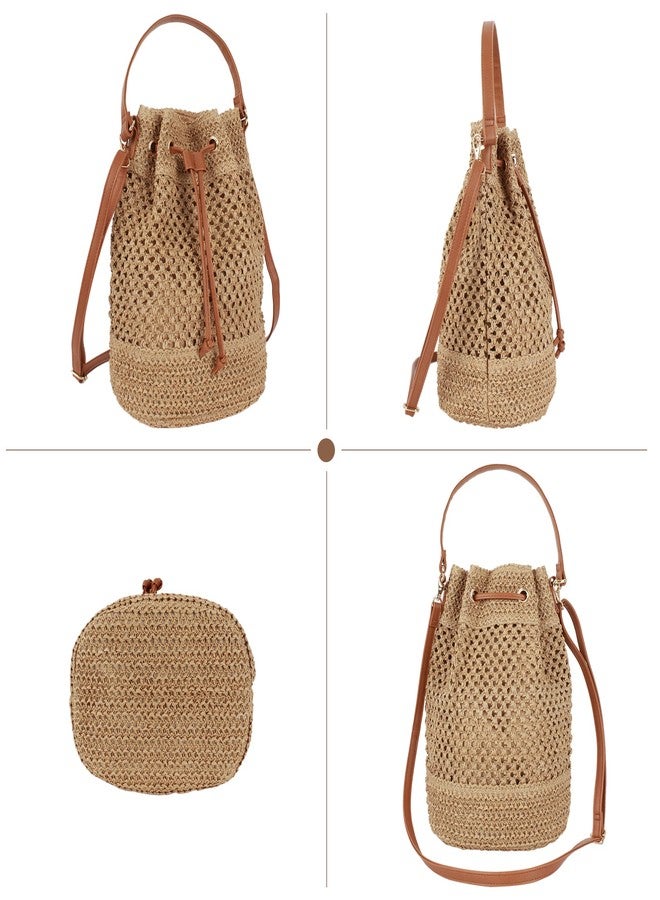 Lobagve Van Caro Straw Shoulder Bag Handwoven Drawstring Bucket Bag Beach Bag for Women Light Coffee - Image 3