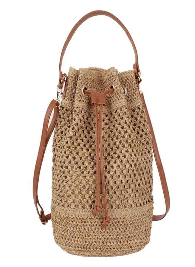 Lobagve Van Caro Straw Shoulder Bag Handwoven Drawstring Bucket Bag Beach Bag for Women Light Coffee - Image 1