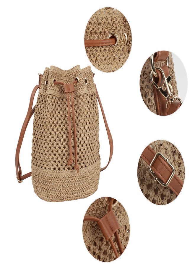 Lobagve Van Caro Straw Shoulder Bag Handwoven Drawstring Bucket Bag Beach Bag for Women Light Coffee - Image 5