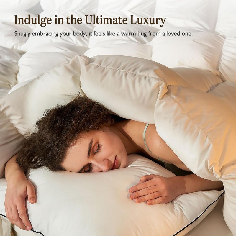 BPC Lightweight Organic Feather Down Comforter Queen Size, Hotel-Luxury Fluffy Duvet Insert with Cotton Cover and Puffy Feather Down Filling, for Summer/Hot Sleepers, Ivory White, 90x90 Inches - Image 3