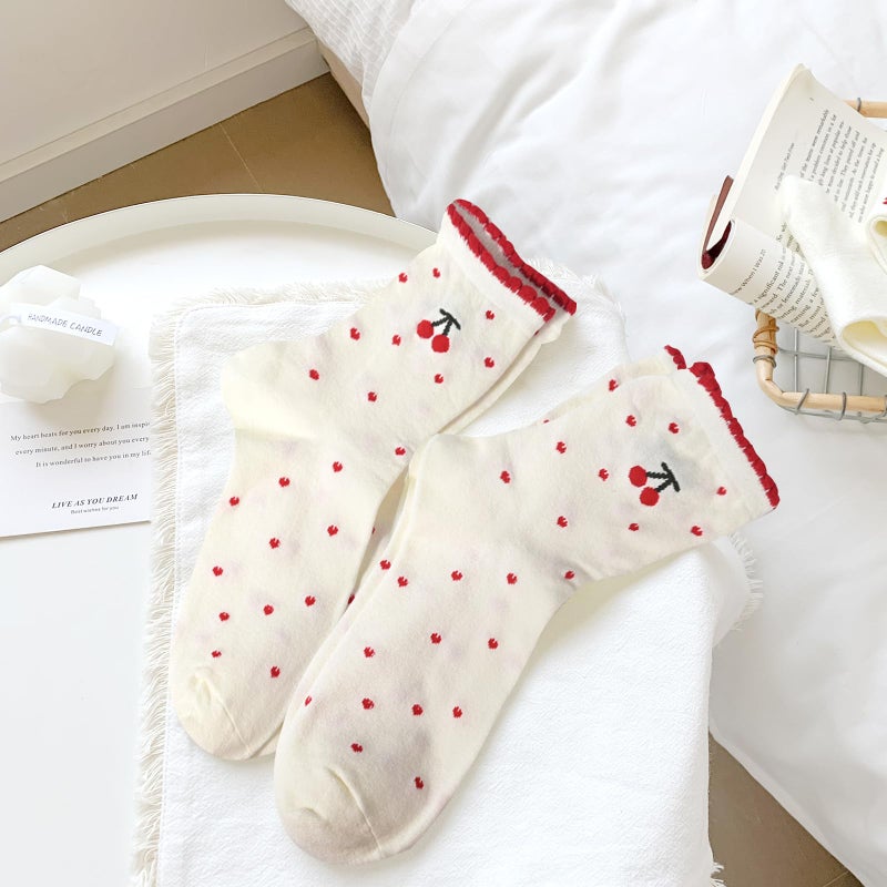 Knagsfa 2 Pairs Women's Cute Crew Socks, Casual Athletic Cotton Cherry Calf Novelty Socks for Women - Image 2