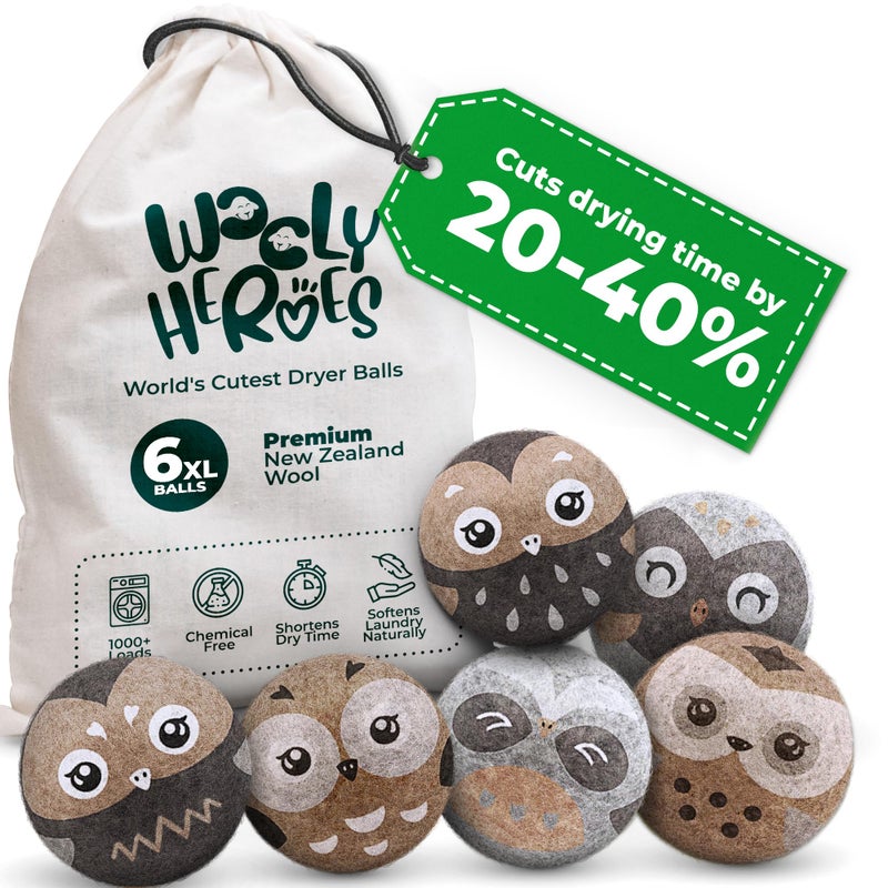 WOOLY HEROES No More Dryer Sheets! Reusable Wool Dryer Balls XL 6-Pack - Reduces Static, Cuts Dry Time, & Softens Naturally - Image 1