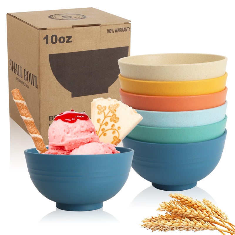 Wrova Handy Wheat Straw Bowls Set of 6,Unbreakable Ice-Cream Bowls Sets for Kids,10oz Small Dessert Bowls for Kitchen,Camping and RV.Vibrant Series - Image 1
