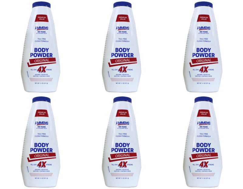 Ammens Body Powder Original – Talc-Free Clean Formula, All-Day 4X Strong Protection, 11 oz (Pack of 6) - Image 1
