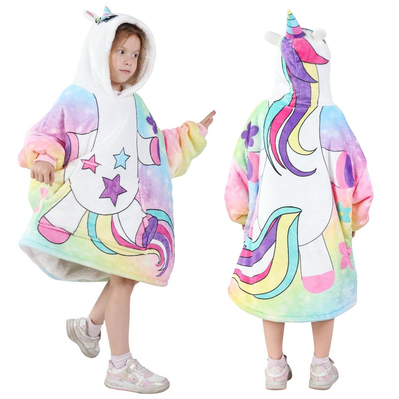 MIZZEO Kids Wearable Blanket Hoodie Oversized Sherpa Wearable Blanket with Hood Pocket and Sleeves for Toddlers Cute Hoodies 26 Year Old Girls Boys Youth Birthday Gifts Unicorn