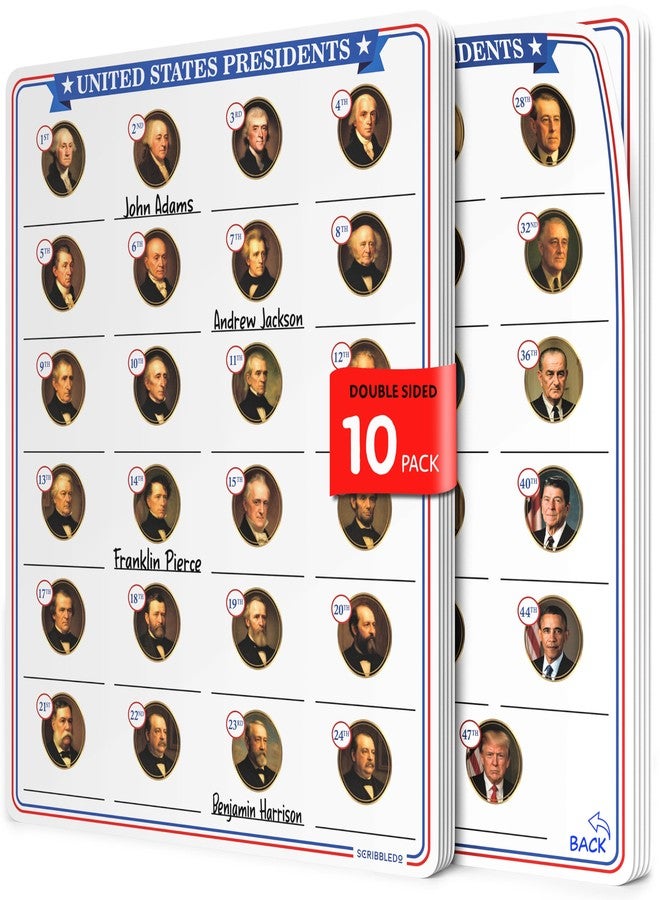 Scribbledo Dry Erase President Practice Sheets 11x14 Learning Boards Portraits & Numbered Outline Reusable U.S. Presidents Chart for Kids Classroom History Teaching Aid Homeschool Activity 10 Pack - Image 1