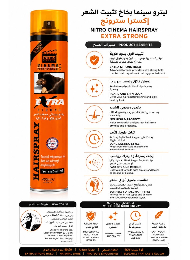 NITRO CANADA CINEMA PROFESSIONAL Extra Strong Hair Spray with Pro-Vitamin B5, 400ml - Image 2