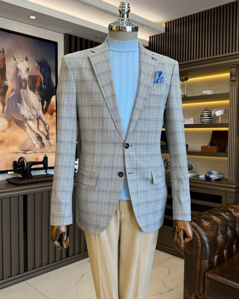 Terzi Adem Altun Tailor Adem Altun Classic Cut Regular Fit Mono Collar Plaid Men's Jacket Gray T11607 - Image 1