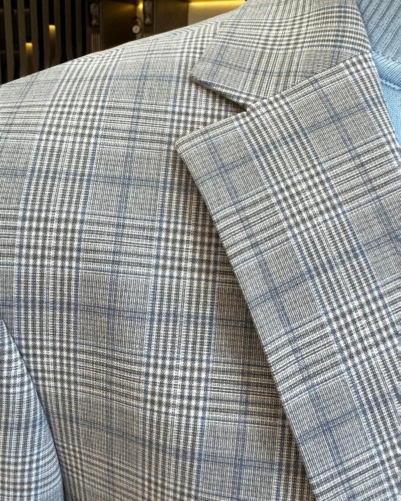Terzi Adem Altun Tailor Adem Altun Classic Cut Regular Fit Mono Collar Plaid Men's Jacket Gray T11607 - Image 2
