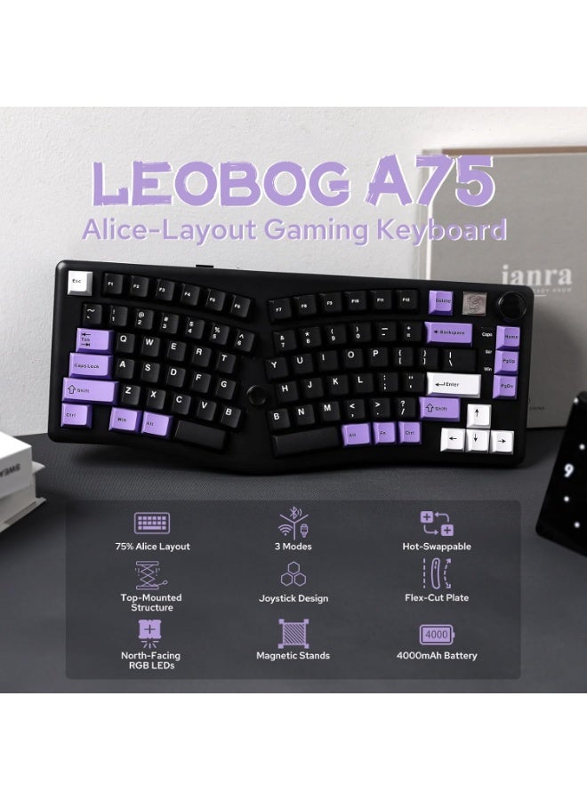 LEOBOG A75 Tri-Mode Wireless Mechanical Keyboard 75% Hot-Swappable Bluetooth 5.0 + 2.4GHz + USB-C Rechargeable RGB Gaming Keyboard, Ergonomic Custom Mechanical Keyboard with Barbie Switches – Black Purple - Image 2