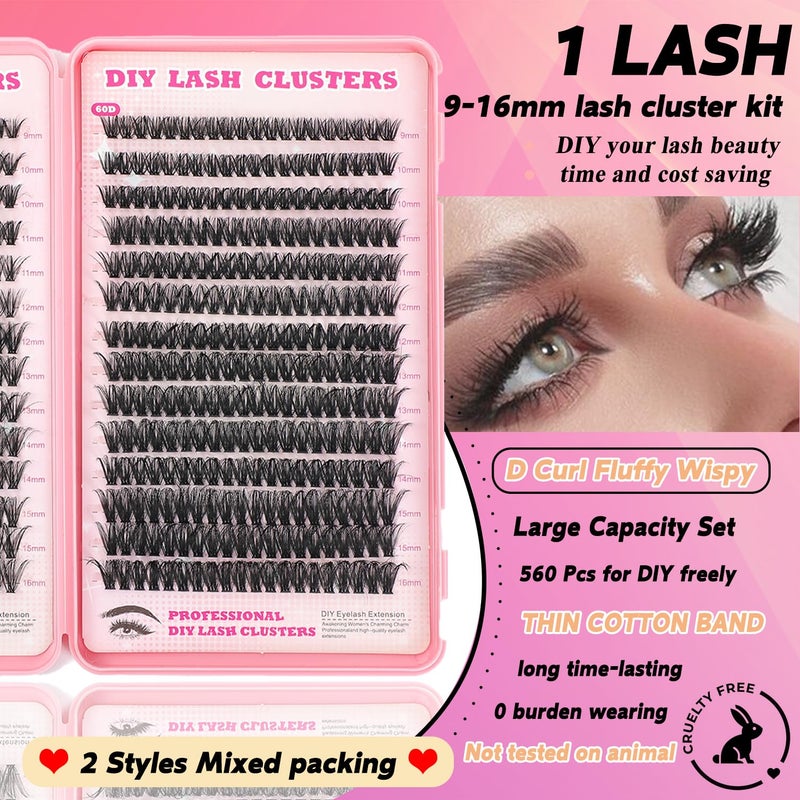 ISTGIFT Lash Clusters Kit, 560 Pcs Eyelashes Clusters Kit 9-16mm Individual Lash Extension Kit D Curl Fluffy Wispy False Eyelashes (50D+60D, Lash Clusters) - Image 2