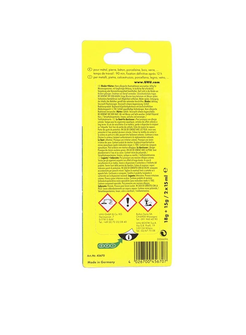 UHU PLUS ENDFEST 90 min, Universal super strong (upto 170kg/cm²) 2 component epoxy adhesive for industry, DIY, repair, 33g, Transparent