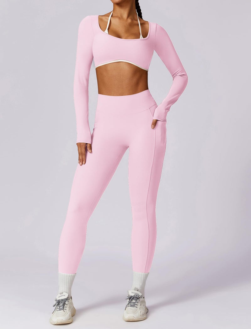 AGYMNX Workout Sets for Women 2 Piece Outfits Seamless High Waist Leggings Yoga Long Sleeve Crop Tops Athletic Gym Sets - Image 4