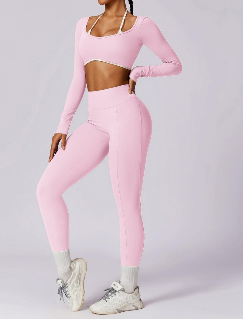 AGYMNX Workout Sets for Women 2 Piece Outfits Seamless High Waist Leggings Yoga Long Sleeve Crop Tops Athletic Gym Sets - Image 3