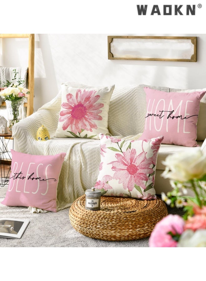 WAOKN Flowers Pink Throw Pillow Covers, Cushion Case for Sofa Couch Set of 4 , suitable for Patio Furniture Porch Seat Chair Couch Sofa Living Room and bedroom ,soft and comfortable , easy to clean , pink, 45*45cm . - Image 2