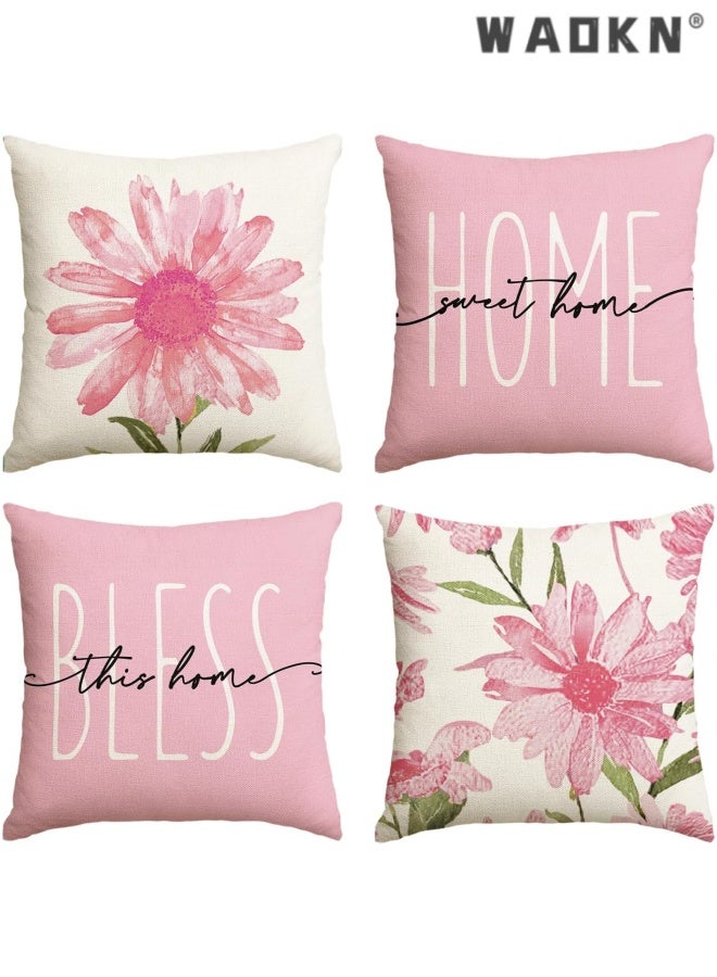 WAOKN Flowers Pink Throw Pillow Covers, Cushion Case for Sofa Couch Set of 4 , suitable for Patio Furniture Porch Seat Chair Couch Sofa Living Room and bedroom ,soft and comfortable , easy to clean , pink, 45*45cm . - Image 1