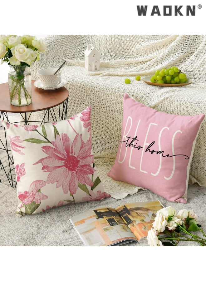 WAOKN Flowers Pink Throw Pillow Covers, Cushion Case for Sofa Couch Set of 4 , suitable for Patio Furniture Porch Seat Chair Couch Sofa Living Room and bedroom ,soft and comfortable , easy to clean , pink, 45*45cm . - Image 4