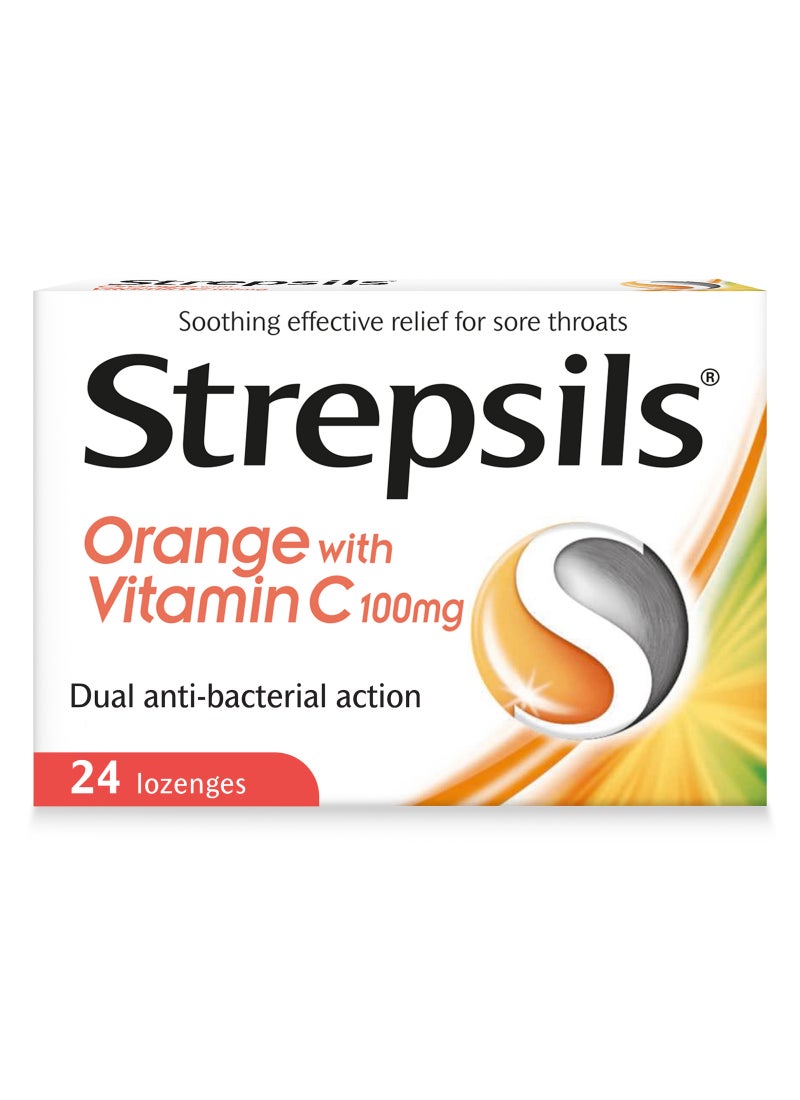 Strepsils Orange With Vitamin C Dual Anti-Bacterial Action Fast Effective Relief From Sore Throats 24 Lozenges - Image 1