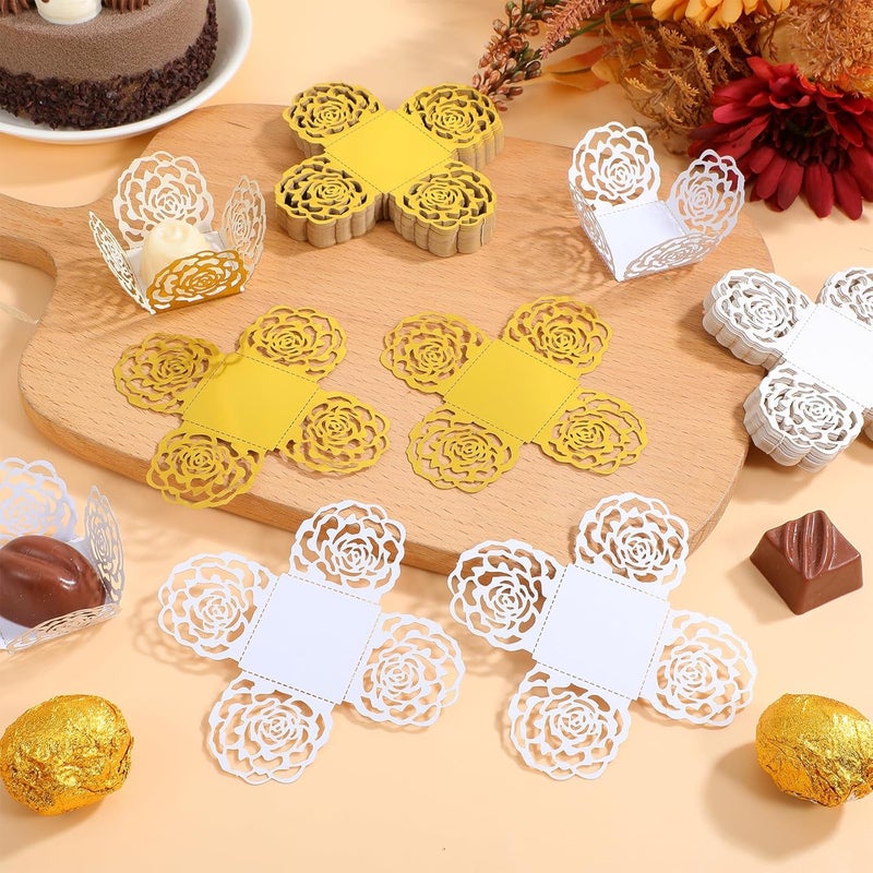 100pcs Hollow Rose Edge Chocolate Paper Wrappers Candy Cups Truffle Liners for Wedding Party Dessert Bar Decoration White and Reflective Gold - Image 5