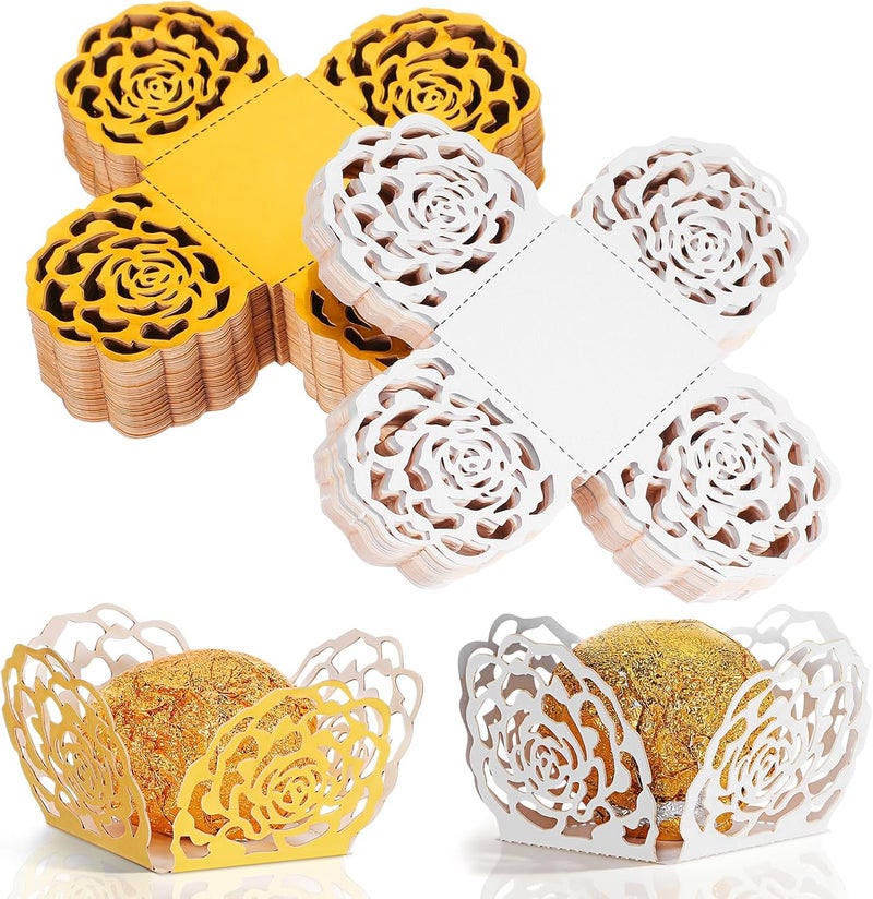 100pcs Hollow Rose Edge Chocolate Paper Wrappers Candy Cups Truffle Liners for Wedding Party Dessert Bar Decoration White and Reflective Gold - Image 1