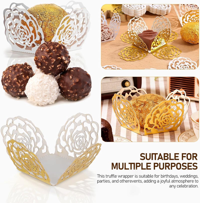 100pcs Hollow Rose Edge Chocolate Paper Wrappers Candy Cups Truffle Liners for Wedding Party Dessert Bar Decoration White and Reflective Gold - Image 3