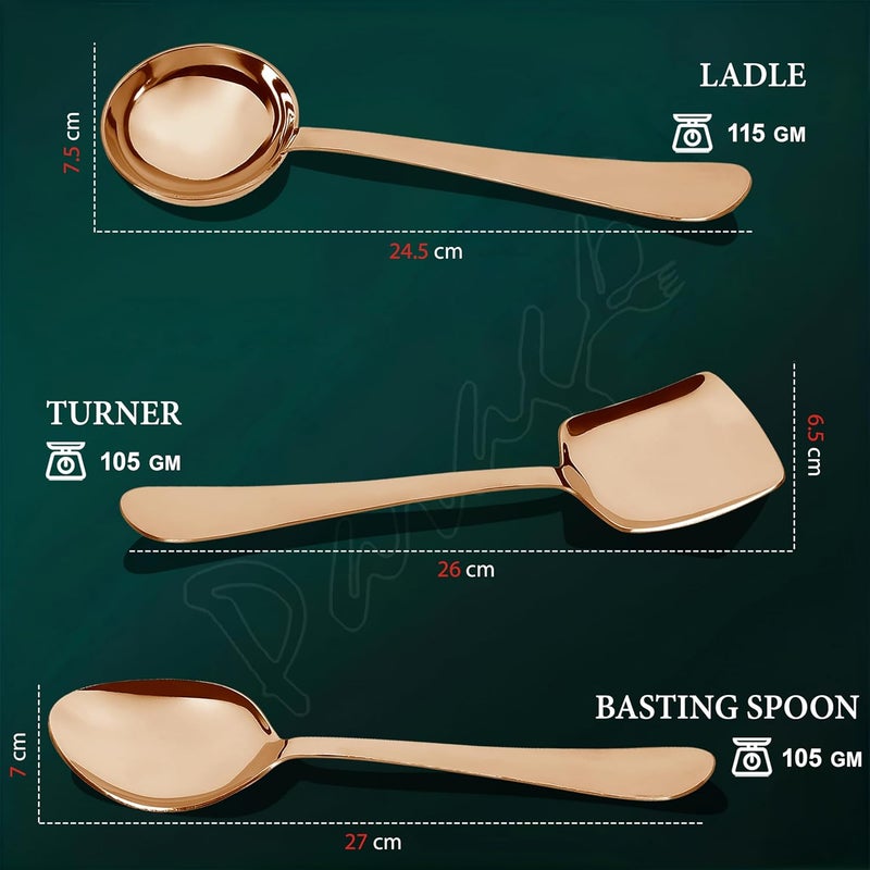 Parage Parage 3 Pieces Stainless Steel Rose Gold Serving Spoons Set for Dining TableKitchen 18 mm Heavy Gauge 1 Soup Ladle Karchi 1 Solid Spoon Chamcha 1 Rice Spoon Rose Gold Pack of 3 - Image 3