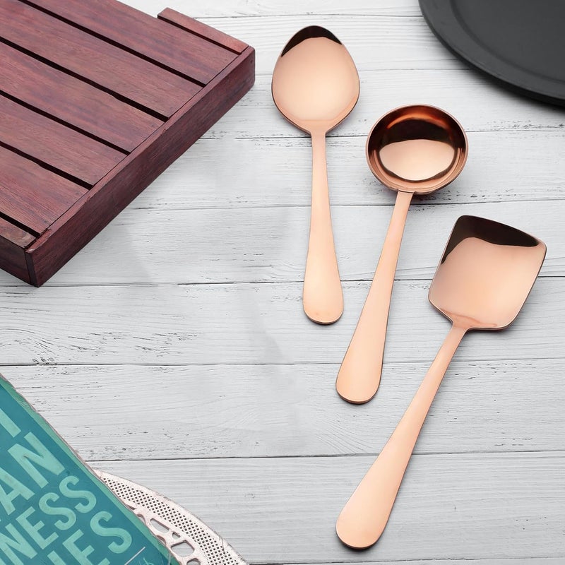 Parage Parage 3 Pieces Stainless Steel Rose Gold Serving Spoons Set for Dining TableKitchen 18 mm Heavy Gauge 1 Soup Ladle Karchi 1 Solid Spoon Chamcha 1 Rice Spoon Rose Gold Pack of 3 - Image 2