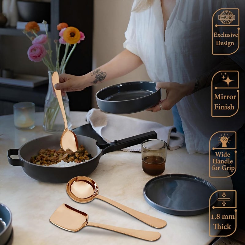 Parage Parage 3 Pieces Stainless Steel Rose Gold Serving Spoons Set for Dining TableKitchen 18 mm Heavy Gauge 1 Soup Ladle Karchi 1 Solid Spoon Chamcha 1 Rice Spoon Rose Gold Pack of 3 - Image 5
