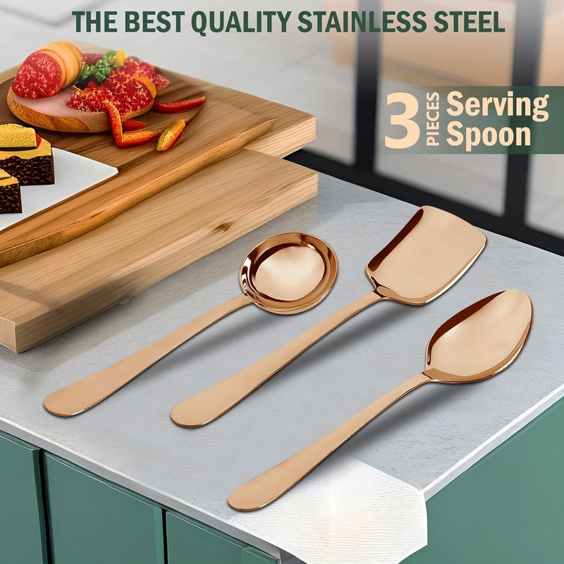 Parage Parage 3 Pieces Stainless Steel Rose Gold Serving Spoons Set for Dining TableKitchen 18 mm Heavy Gauge 1 Soup Ladle Karchi 1 Solid Spoon Chamcha 1 Rice Spoon Rose Gold Pack of 3 - Image 4