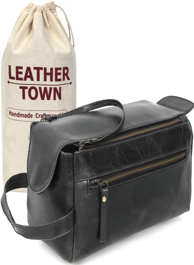 LEATHER TOWN Leather Toiletry Bag for Men, Travel Duffels Essentials Shaving Dopp Kit, Mens Travel Bag Toiletries Organizer Case for Grooming, Made from 100% Real Leather (Black) - Image 1