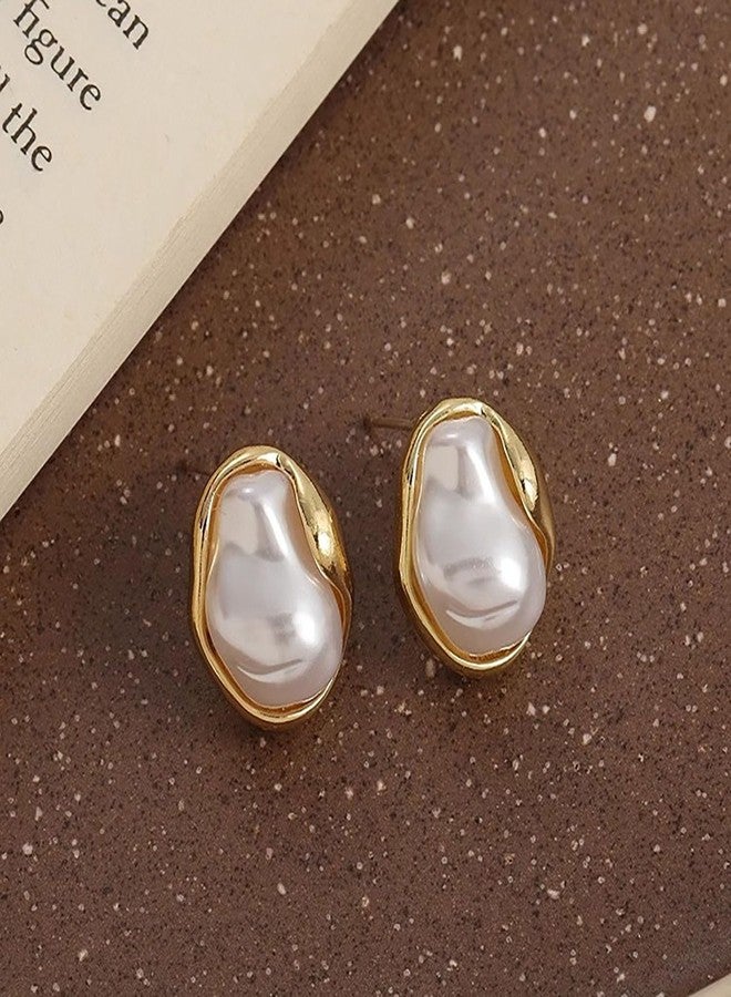 GLMOCM Baroque Pearl Stud Earrings For Women 14k Gold Plated Irregular Pearl Earrings Chunky Big Pearl Earrings Vintage Pearl Statement Earrings Jewelry Gift For Women (C) - Image 5