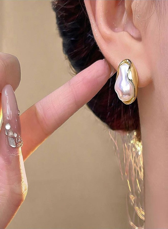 GLMOCM Baroque Pearl Stud Earrings For Women 14k Gold Plated Irregular Pearl Earrings Chunky Big Pearl Earrings Vintage Pearl Statement Earrings Jewelry Gift For Women (C) - Image 2