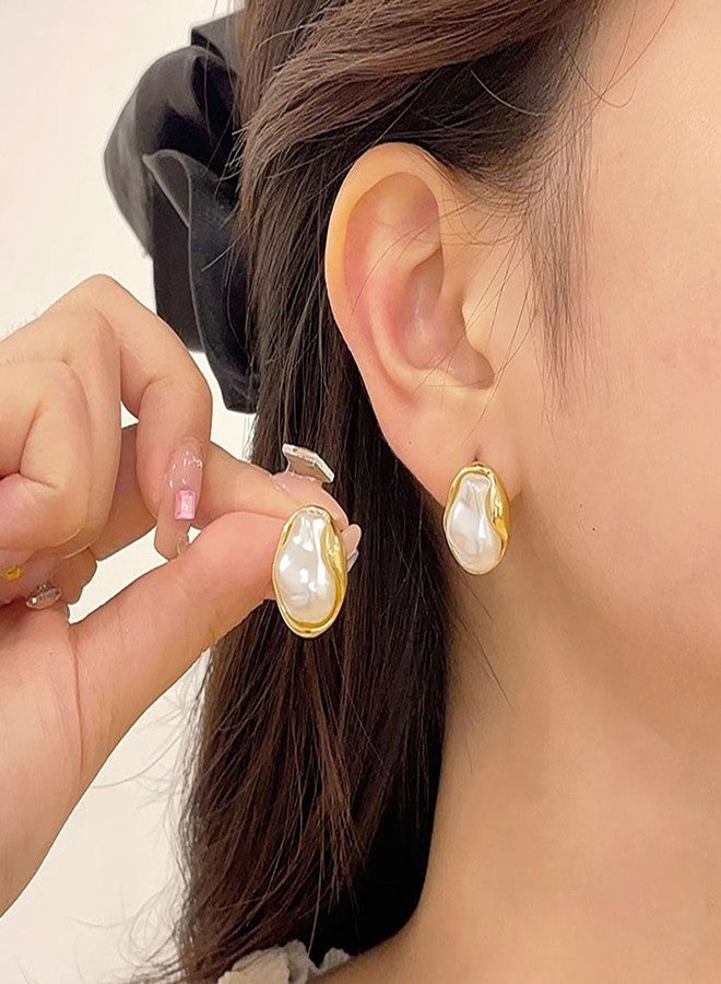 GLMOCM Baroque Pearl Stud Earrings For Women 14k Gold Plated Irregular Pearl Earrings Chunky Big Pearl Earrings Vintage Pearl Statement Earrings Jewelry Gift For Women (C) - Image 3