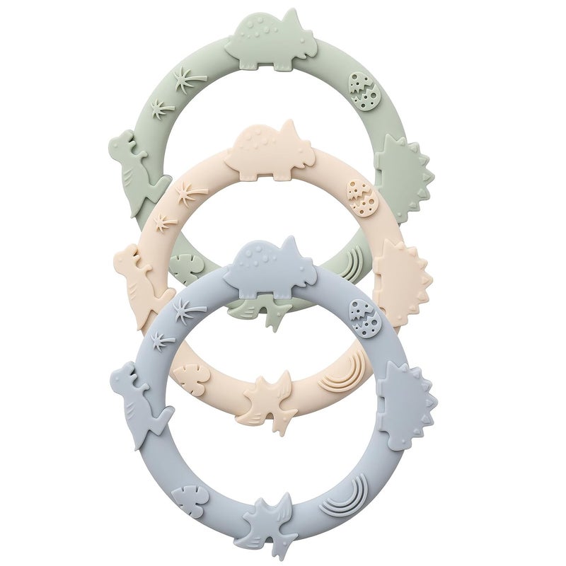 YIVEKO Silicone Teethers for Babies 06 612 Months Teething Toys for Infants Baby Chew Toys for Sucking Needs Baby Teething Rings for Infant Boys and Girls 3 PackDinosaurBlue - Image 1