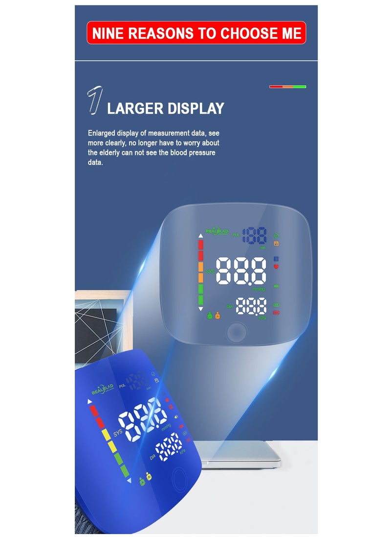 REALBLAD - Blood Pressure Monitor with Arabic Broadcast, Rechargeable 2x99 Readings Memory Wrist BP Monitor, with LED Large Display (BLUE) - Image 1