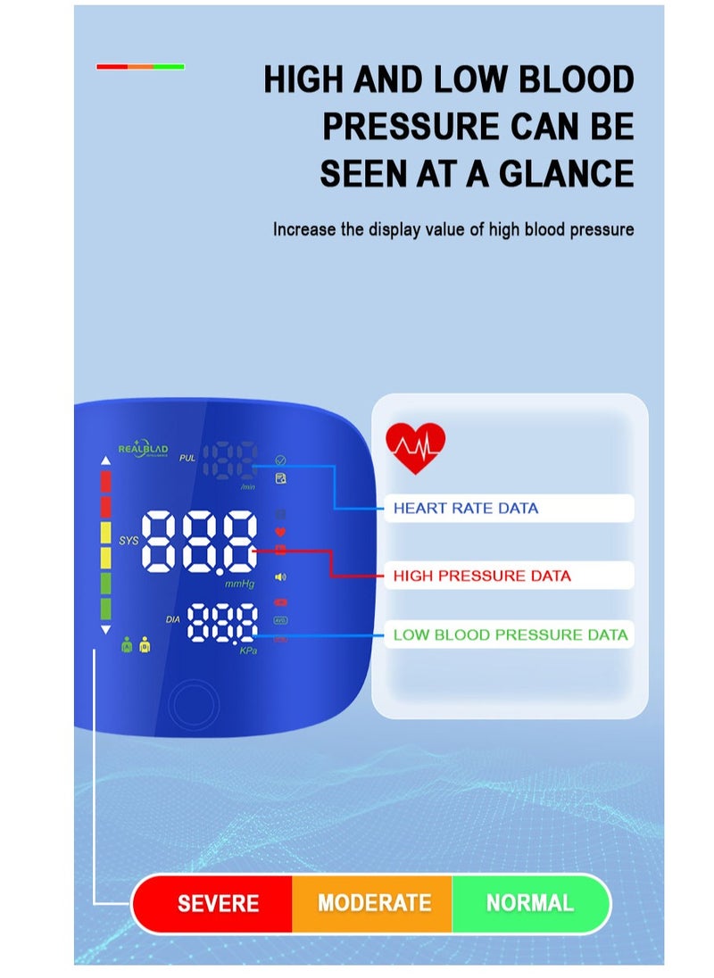 REALBLAD - Blood Pressure Monitor with Arabic Broadcast, Rechargeable 2x99 Readings Memory Wrist BP Monitor, with LED Large Display (BLUE) - Image 1