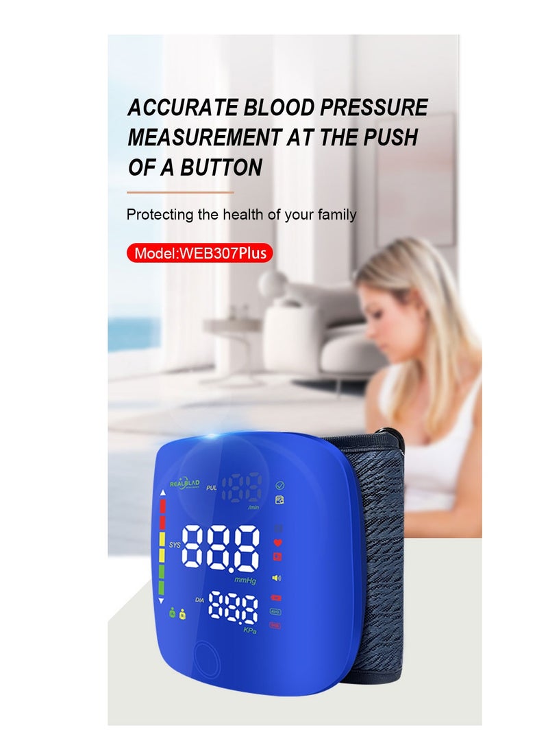 REALBLAD - Blood Pressure Monitor with Arabic Broadcast, Rechargeable 2x99 Readings Memory Wrist BP Monitor, with LED Large Display (BLUE) - Image 1
