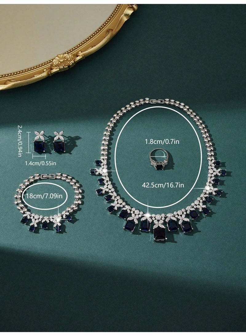 Luxury 4PCS Blue Shell Zircon Jewelry Set for Women, Gold Tone Round Shell Flower Necklace Bracelet Ring Earrings Set, Sparkling Micro Pave Crystal Jewelry, Dubai Middle Eastern Style Elegant Bridal Wedding Party Evening Dress Accessories, Gift for Girlfriend Friends - Image 5