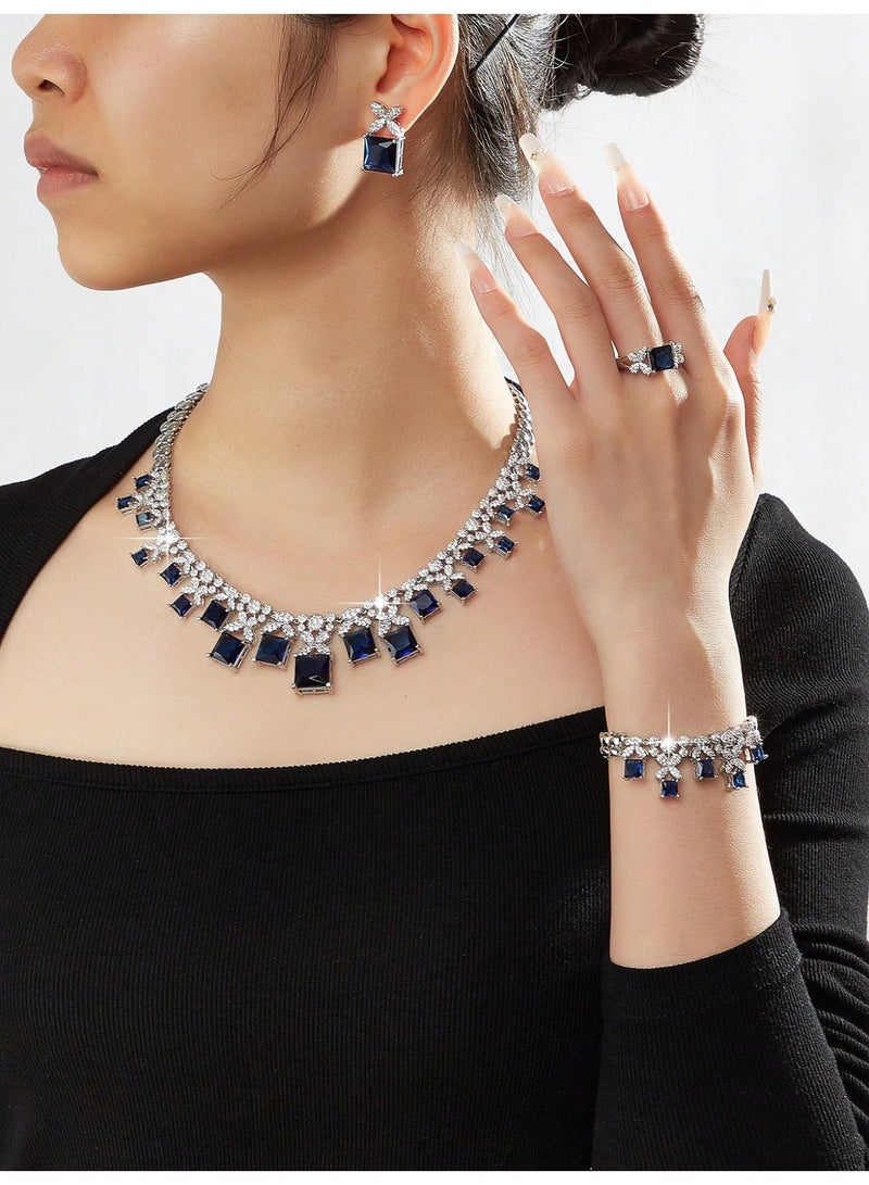 Luxury 4PCS Blue Shell Zircon Jewelry Set for Women, Gold Tone Round Shell Flower Necklace Bracelet Ring Earrings Set, Sparkling Micro Pave Crystal Jewelry, Dubai Middle Eastern Style Elegant Bridal Wedding Party Evening Dress Accessories, Gift for Girlfriend Friends - Image 1